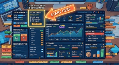 illustration of Semrush's feature-dense dashboard with a highlighted starting point for new users
