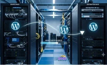WordPress website migration 2026, WordPress logo moving from one server to another along a progress path
