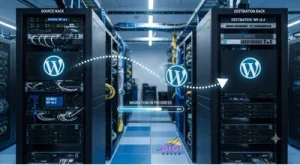 WordPress website migration 2026, WordPress logo moving from one server to another along a progress path