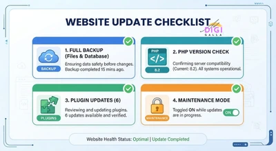 pre-migration checklist covering backups, PHP version, plugins, and maintenance mode
