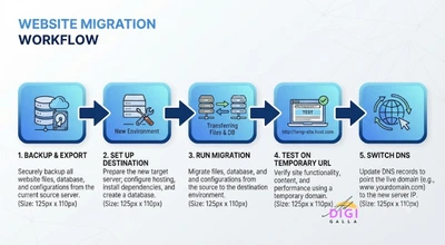five-step flow diagram of the WordPress migration process from backup to DNS switch