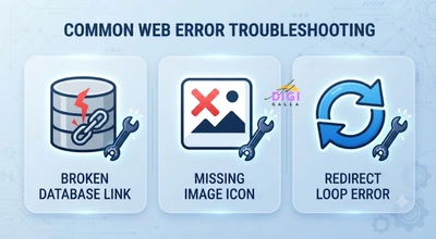 illustration of three common WordPress migration errors, database connection, missing images, and redirect issues