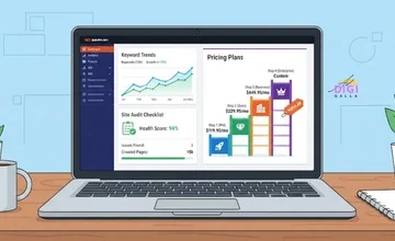 Semrush review 2026, laptop showing an SEO dashboard with a single four-tier pricing ladder