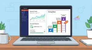 Semrush review 2026, laptop showing an SEO dashboard with a single four-tier pricing ladder