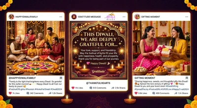 three Diwali social media post design mockups showing family, gratitude, and gifting themes