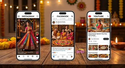 three phone mockups showing platform specific Diwali content styles for Instagram, Facebook, and YouTube