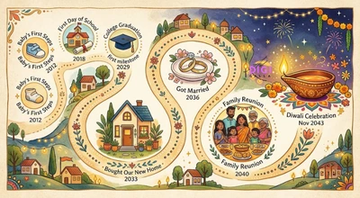 timeline illustration representing life's milestone moments celebrated through a Diwali campaign