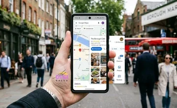 Google Business Profile optimization 2026, smartphone showing a Maps pin with an open business profile card
