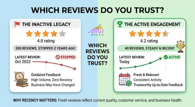 comparison showing steady recent reviews outperforming a larger but stale review count