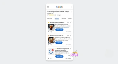 mockup of a Google Business Profile posts feed showing recent business updates