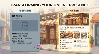 before-and-after illustration of a local bakery's Google Business Profile before and after optimization