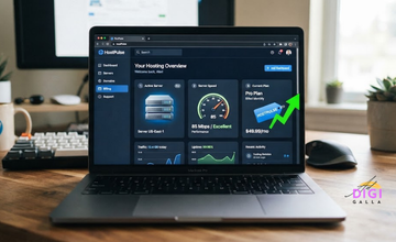 Hostinger review 2026, laptop showing a hosting dashboard with a server icon and a rising price tag