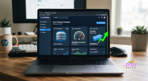 Hostinger review 2026, laptop showing a hosting dashboard with a server icon and a rising price tag