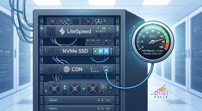 illustration of Hostinger's server infrastructure showing LiteSpeed, NVMe storage, and CDN