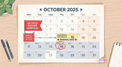 calendar illustration showing a renewal reminder set weeks ahead of a hosting term ending