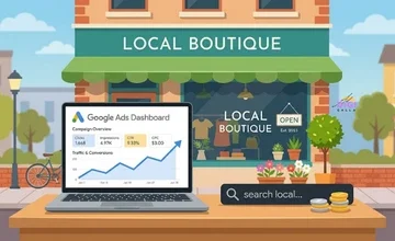 Google Ads for small business in 2026, laptop showing an ads dashboard beside a small storefront