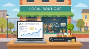 Google Ads for small business in 2026, laptop showing an ads dashboard beside a small storefront