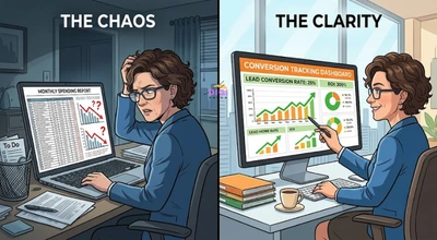 comparison of an untracked, confusing ad spend report versus a clear conversion tracked report