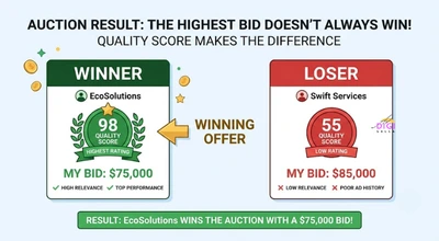 illustration showing a lower bid winning an ad auction due to a higher Quality Score