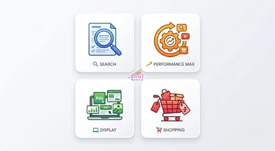 grid of icons representing the main Google Ads campaign types: Search, Performance Max, Display, and Shopping