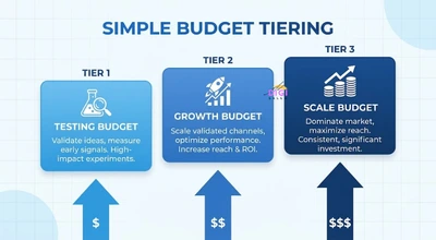 budget tiering graphic showing testing, growth, and scale stages for a small business ad budget