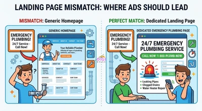 illustration showing an ad mismatched to a generic homepage versus matched to a dedicated relevant landing page