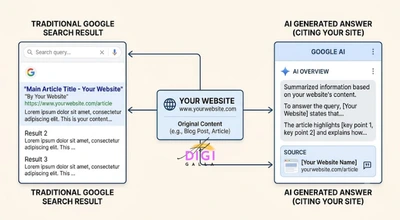 diagram showing off page SEO signals feeding both traditional search rankings and AI generated answer citations