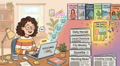 illustration of a small business pitching digital PR coverage to media outlets