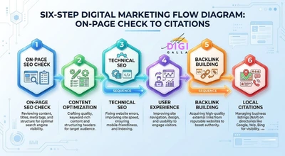 six step flow diagram of the off page SEO framework from on page check to local citations